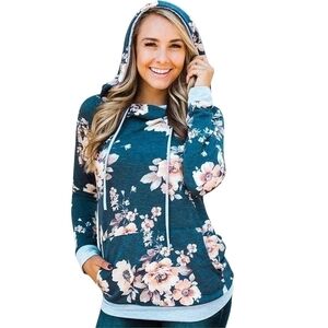 Blue and Pink Floral Medium Hooded Kangaroo Pocket Hooded Sweatshirt
